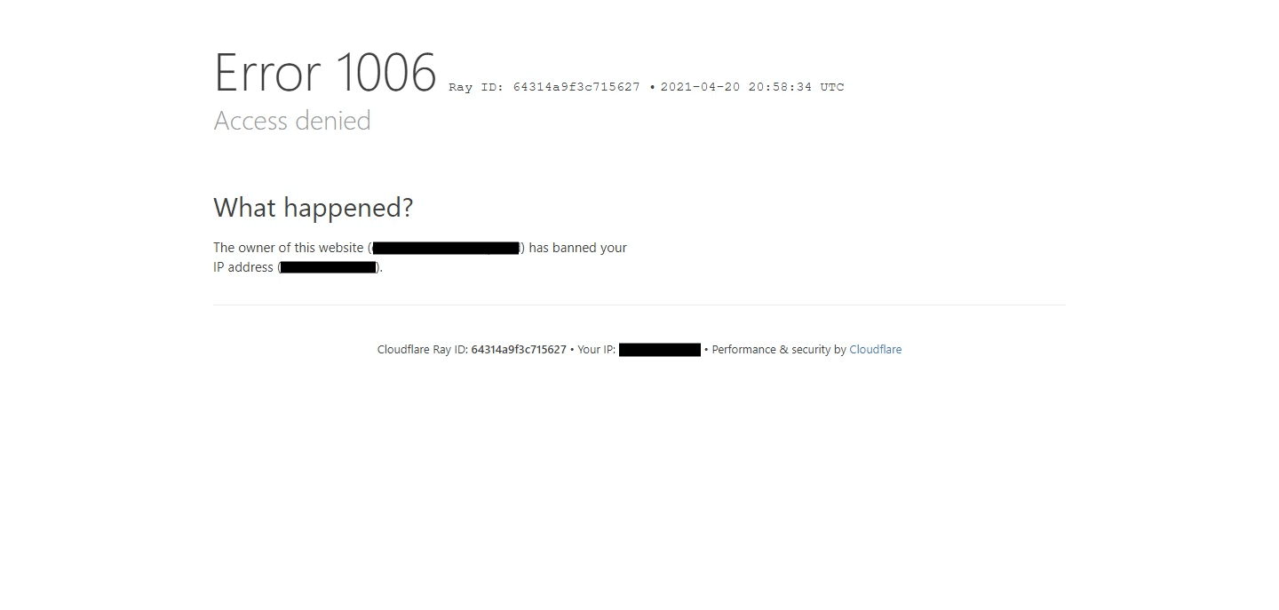Ketika pengunjung diblokir aksesnya oleh Cloudflare. Informasi sengaja saya hitamkan