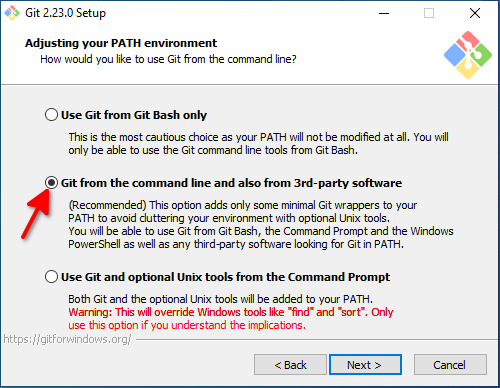 Langkah ke-4 Instalasi Git: Pilih Cara untuk Eksekusi Git (Adjusting your PATH environment)