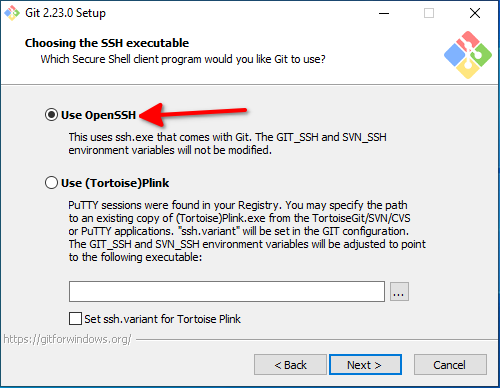 Langkah ke-5 Instalasi Git: Pilih Perangkat Lunak untuk Eksekusi SSH untuk Git (Choosing the SSH executable)