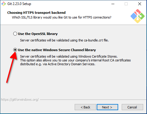 Langkah ke-6 Instalasi Git: Menentukan Pustaka untuk HTTPS pada Git (Choose HTTPS transport backend)