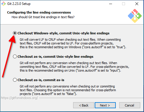 Langkah ke-7 Instalasi Git: Menentukan “Baris Baru” untuk Git (Configuring the line ending conversions)