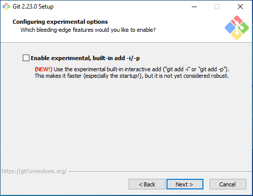Langkah ke-10 Instalasi Git: Konfigurasi Opsi Eksperimental (Configuring experimental options)