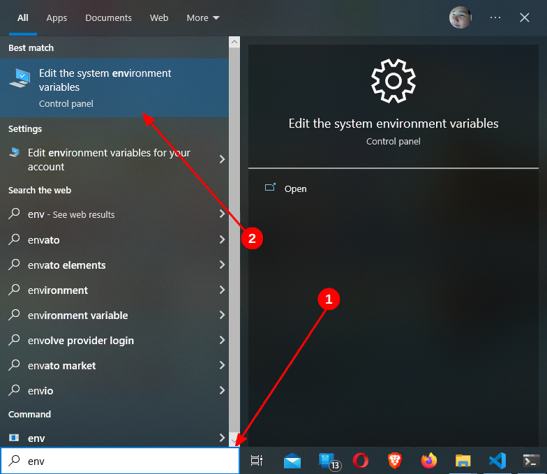 Hasil pencarian ’env’ di Windows 10