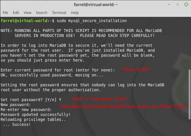 Konfigurasi MariaDB di dalam Terminal