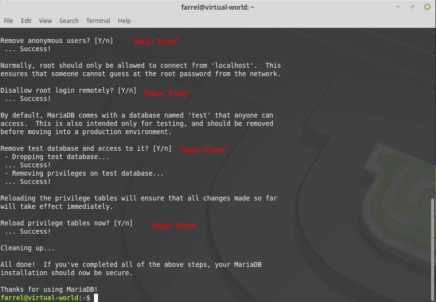 Konfigurasi MariaDB di dalam Terminal