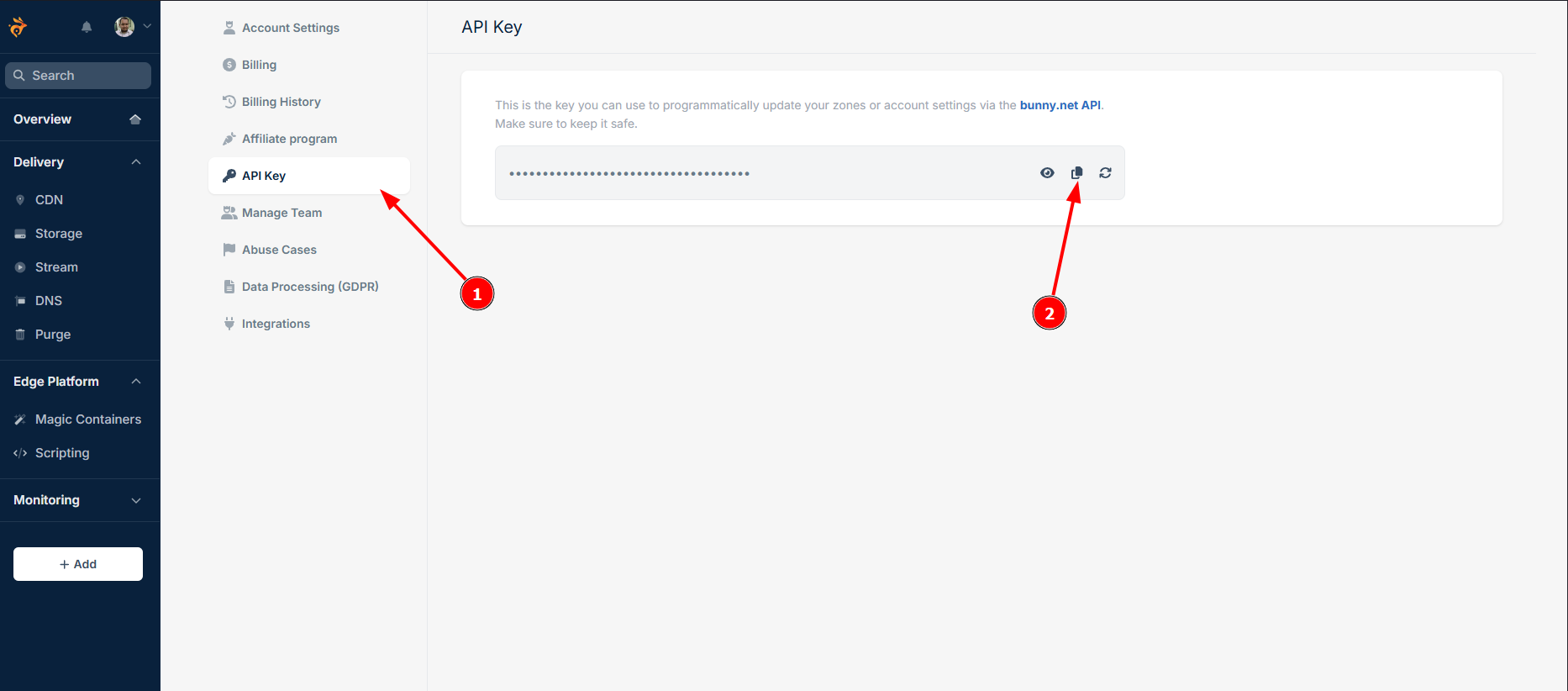 2. “Access Key” untuk API bunny.net