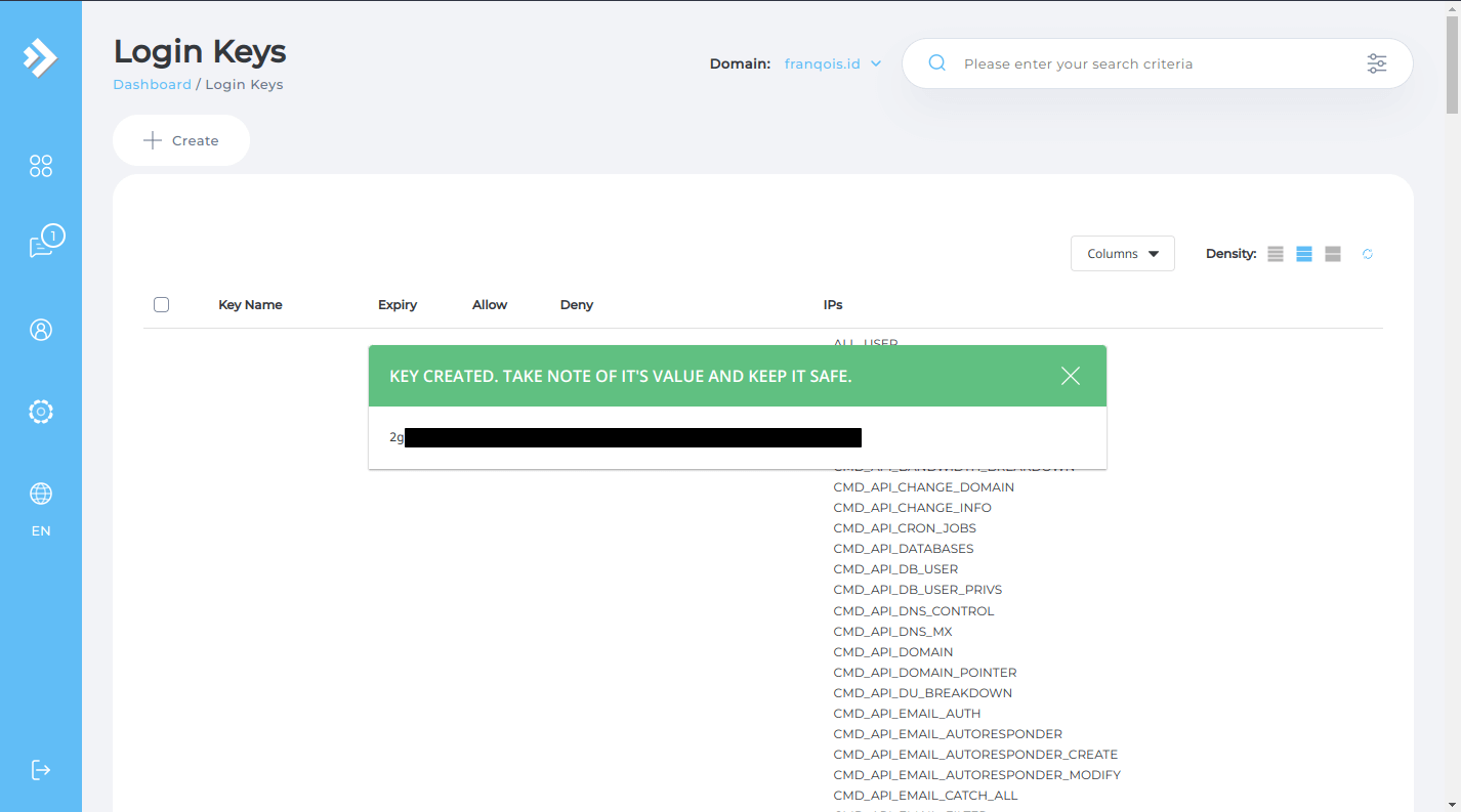 Setelah dibuatkan “Login Key” di DirectAdmin