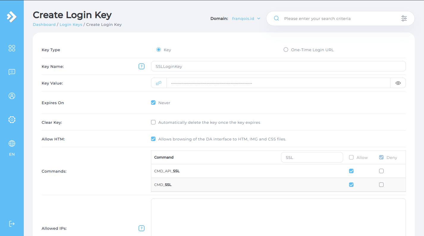 Informasi yang dilengkapi untuk membuat “Login Key”