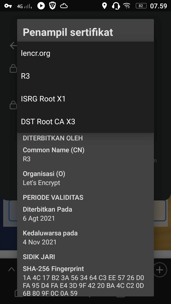Cuplikan layar Rantai Kepercayaan dari Let’s Encrypt di Android 6.0 (di dalam Peramban Web berbasis Chrome/Chromium), bukti bahwa Cross-sign itu bekerja