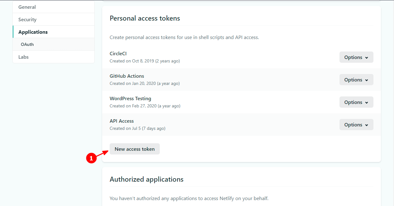 “Personal access tokens” di Netlify