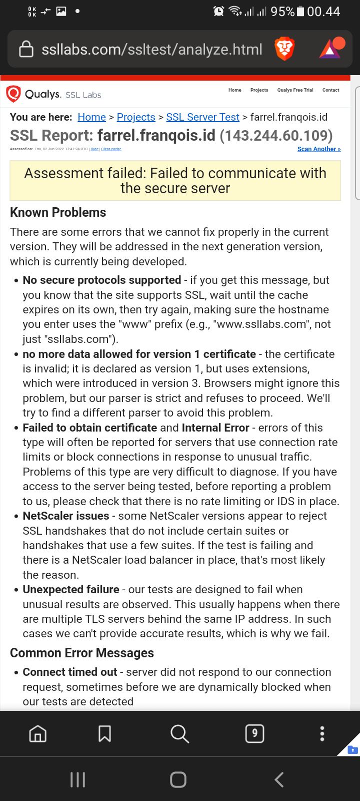 Galat pada SSLTest saat ingin menguji blog ini