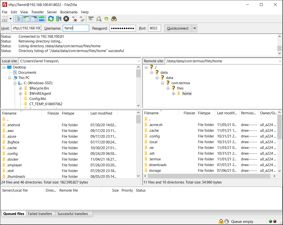 Mengakses SFTP dengan Username ‘farrel’ di FileZilla