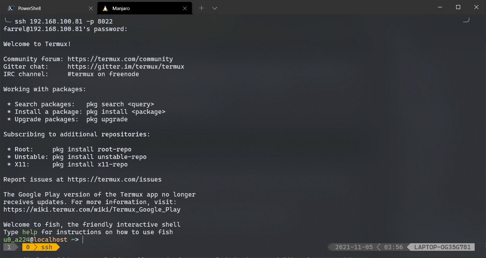 Setelah login Termux melalui SSH