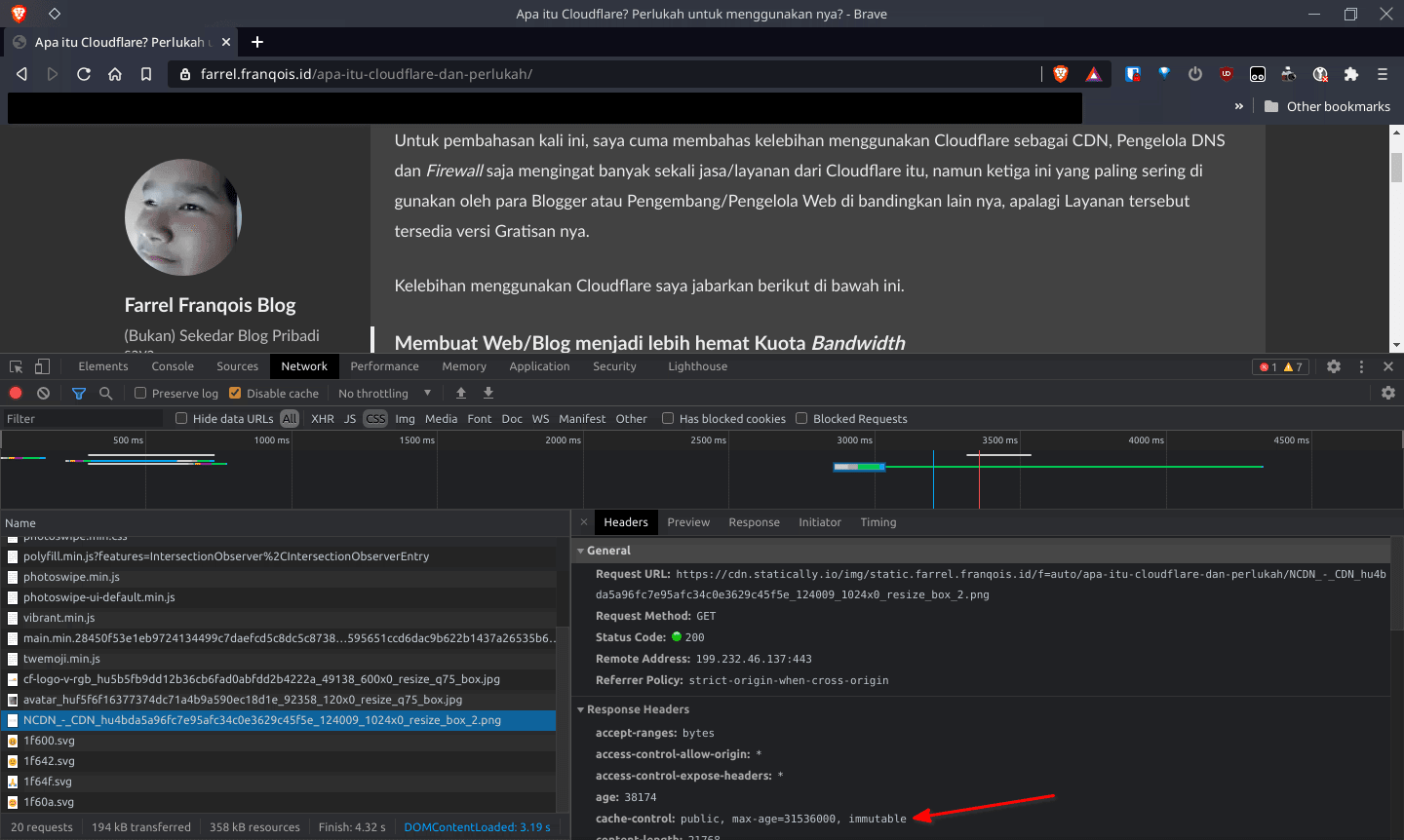 Contoh Header Cache-Control untuk sebuah Berkas Gambar (ada di anak panah)